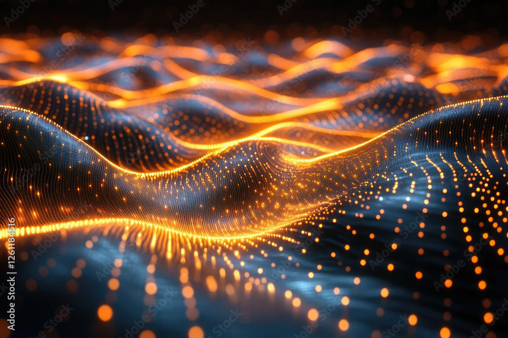 Poster abstract digital landscape with glowing particles forming wavy terrain, showcasing technological or 