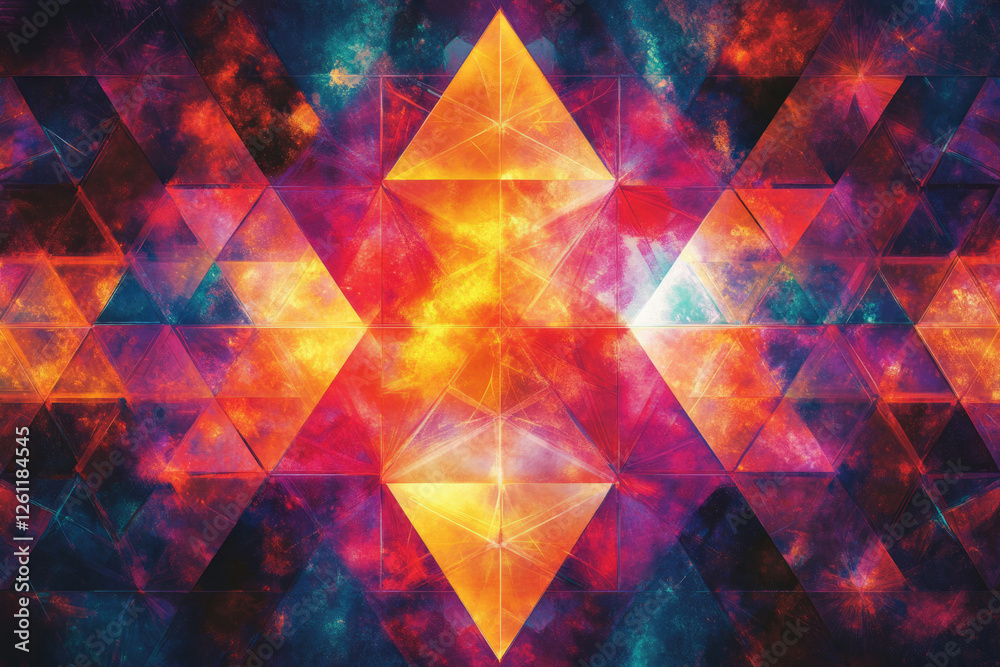 Poster abstract geometric art with vibrant, cosmic-like triangles and a kaleidoscopic pattern.