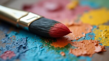 Fototapeta premium A close-up view of a paintbrush with vibrant bristles, resting on a palette filled with colorful paints