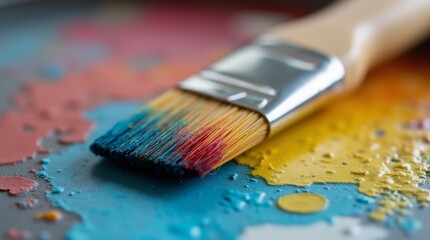 Obraz premium A close-up view of a paintbrush with vibrant bristles, resting on a palette filled with colorful paints