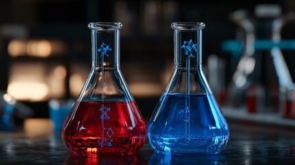 Red and Blue Liquid in Erlenmeyer Flasks Scientific Experiment Laboratory Research Chemistry Science Education Medical Innovation Technology Analysis 