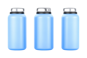 Studio hydration bright blue bottles isolated on transparent background