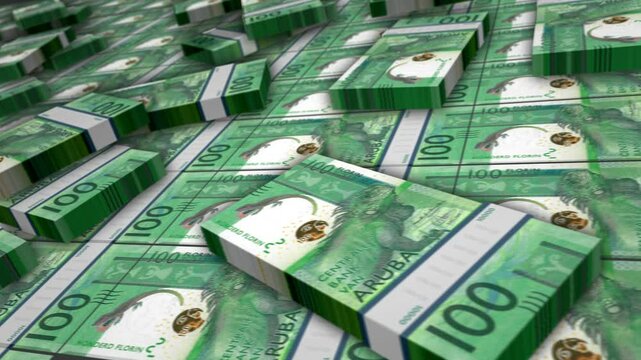 Aruba money Aruban florin banknote bundle loop. 100 AWG money stacks. Concept of business, economy, banking and finance. Camera over cash packs loopable seamless 3d.