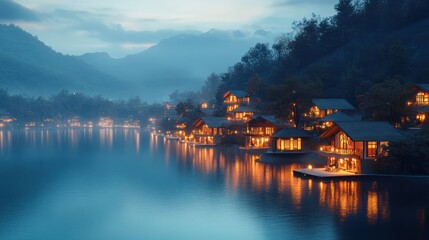 Fototapeta premium Lakeside cabins illuminated at twilight, misty mountains. Possible use Travel brochure