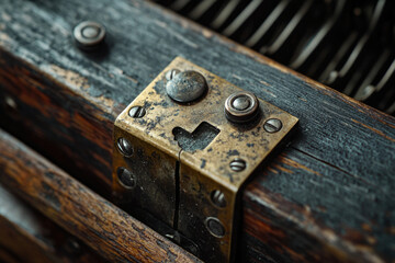 Close-up of an antique typewriter's weathered wooden frame and intricate brass mechanism.