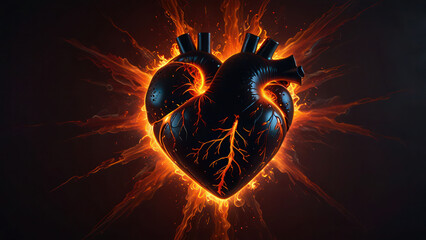 "Pulsating heart with fiery red and orange glow, smoky effect."