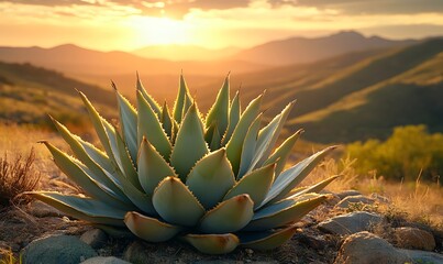 Agave plant basking in the warm glow of a setting desert sun