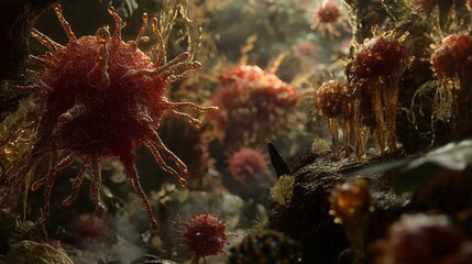 Fototapeta premium Microscopic View of Germs and Pathogens with Ultra-Detailed Visualization
