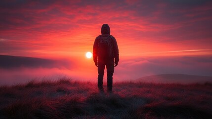 Hiker at Sunrise, Mountaintop, Misty Clouds, Inspirational
