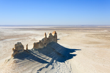 Stunning Mangystau landscape, Kazakhstan. Ak Orpa pinnacles aerial view, Bozzhira valley