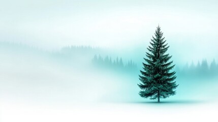 Fototapeta premium Serene Evergreen Tree in Misty Landscape with Soft Pastel Tones