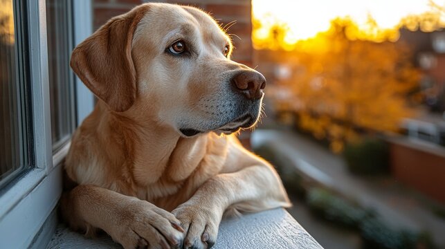 A dog laying on a window sill looking out the window