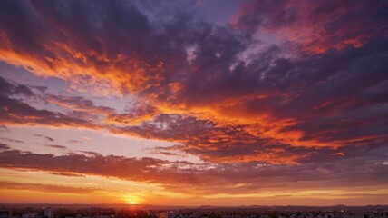 A breathtaking sunset view from a rooftop, showcasing vibrant hues of orange, pink, and purple in the sky