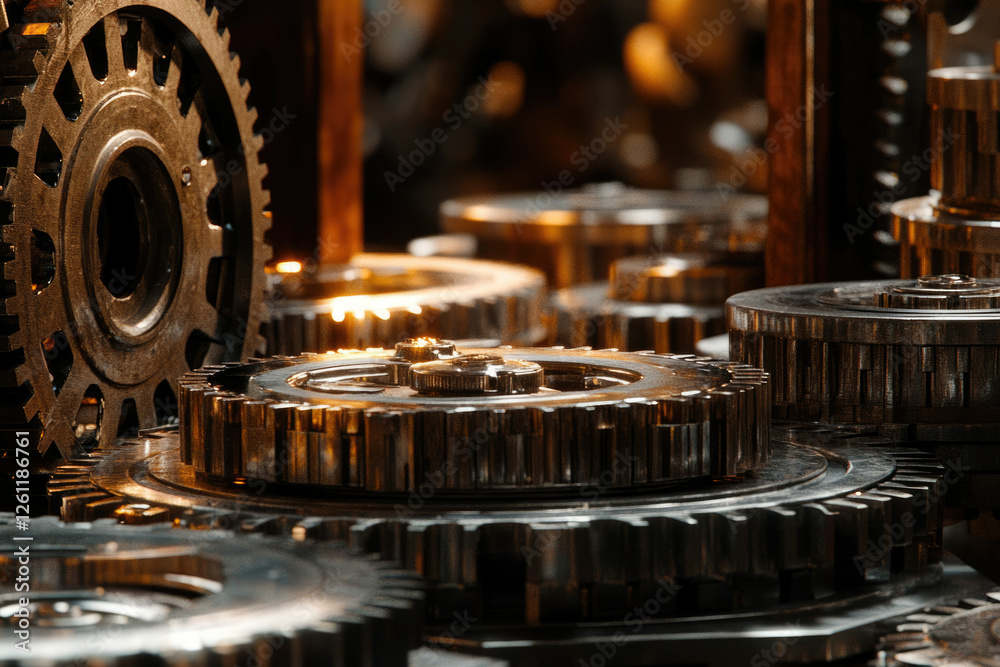 Poster intricate metallic gears interlock, showcasing complex machinery and precision engineering.