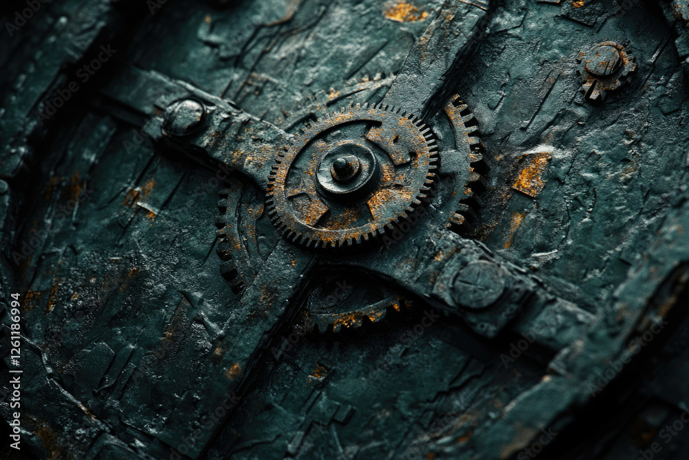 Poster Rusty metallic gears interlock, showcasing intricate detail and aged texture.