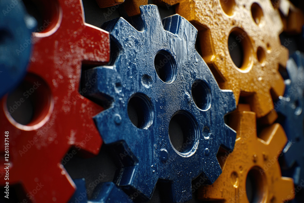 Poster close-up of interconnected gears, showcasing intricate details and a variety of colors.