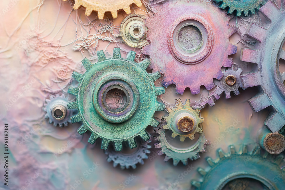 Poster interlocking pastel gears create a beautiful, intricate and artistic mechanical composition.
