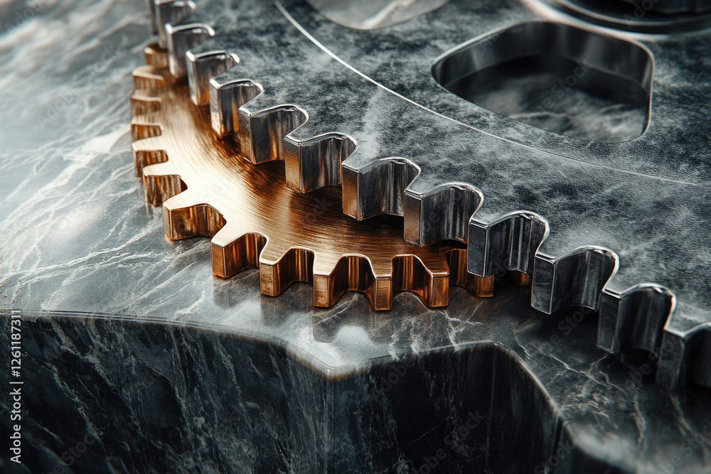 Poster interlocking metallic gears, bronze and silver, rest on a dark marble surface, showcasing intricate 