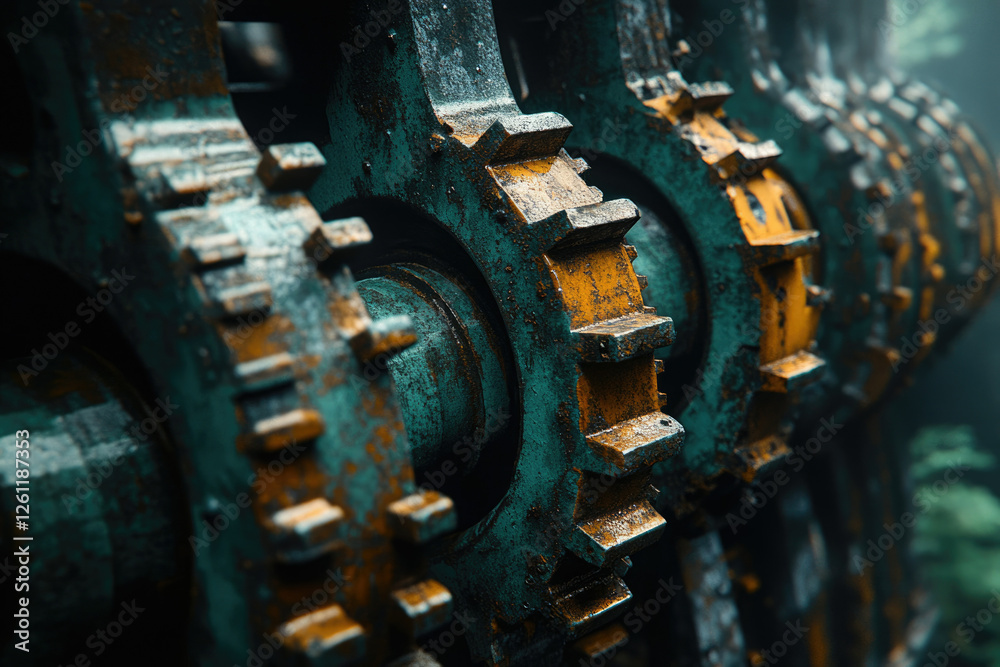 Poster close-up of rusty, teal gears interlocked, showing intricate detail and industrial texture.