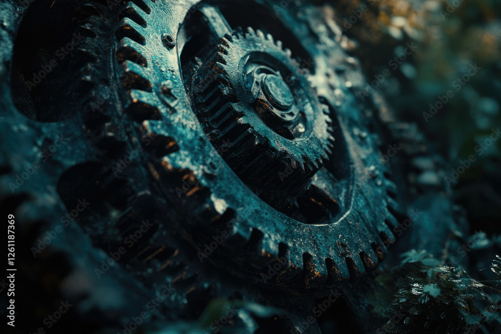 Poster A close-up of weathered, interlocking metal gears, possibly from an abandoned machine, showing intricate detail and texture.