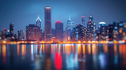 Fototapeta premium Night cityscape, lake reflection, urban lights, blurred background, travel