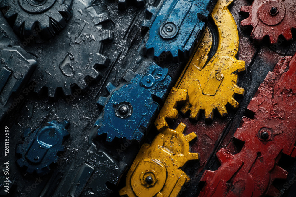Poster a close-up shot of intricately arranged, colorful gears, showcasing industrial design and mechanical