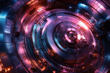 Obraz premium A mesmerizing close-up of intricate metallic gears, glowing with vibrant purple and orange hues.