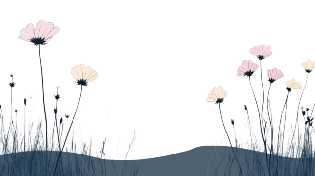 Delicate pink and white cosmos flowers growing in a field with transparent background