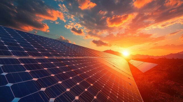 Brilliant sunset reflecting over array of solar panels farm landscape