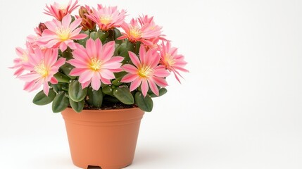 Fototapeta premium Vibrant Pink Flowering Plant in Terracotta Pot on White Background