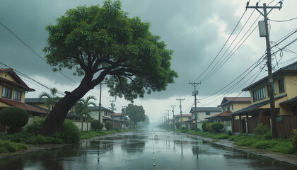 A rainy residential street with houses and a large tree leaning over the road