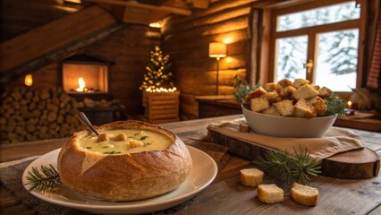 Naklejka premium Delicious bread bowl soup with a cozy fireplace view