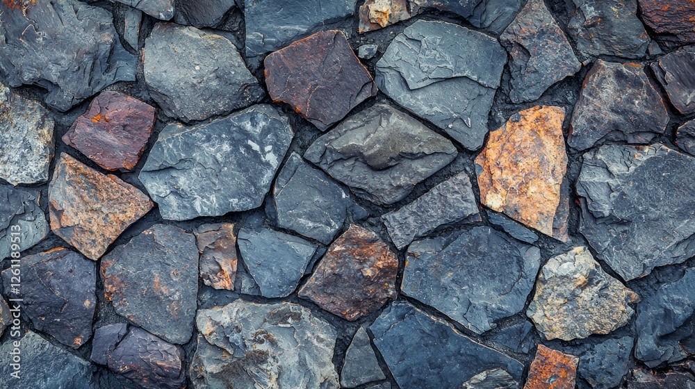 Poster Varied shades of grey and hints of orange create an intricate pattern in an ancient stone wall, showcasing nature's artistry in a weathered yet timeless structure