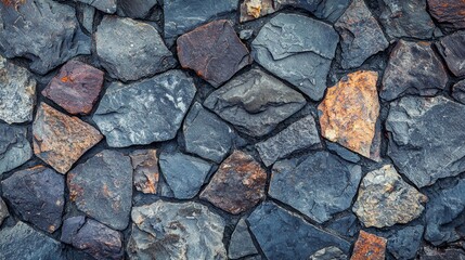 Obraz premium Varied shades of grey and hints of orange create an intricate pattern in an ancient stone wall, showcasing nature's artistry in a weathered yet timeless structure