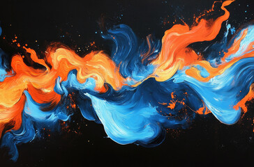 Abstract orange blue paint swirls, dark background, art, design