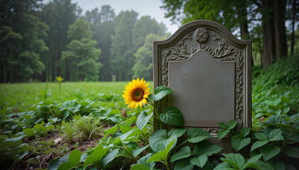 Engraved tombstone with a sunflower and overgrown greenery in a foggy setting, tranquil remembrance