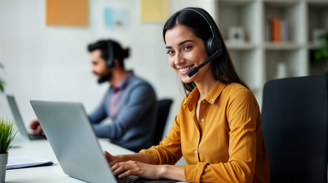 call center customer support and an indian beautiful woman with a headset in her office for help,customer girl calling, indian customer woman calling.