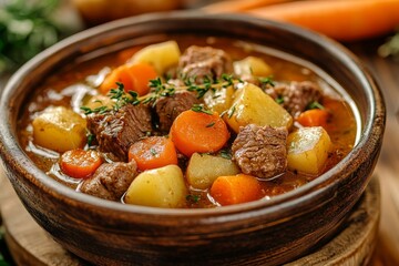 Beef stew, carrots, potatoes, rustic bowl, kitchen