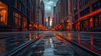 Urban street scene at dawn, wet, cityscape, illuminated