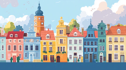 Fototapeta premium Illustration, Cityscape of Poznan in Poland , touristic advertisement poster. Beautiful old historical houses in the city centre. Touristic must-see city eastern Europe. Beautiful travel destination