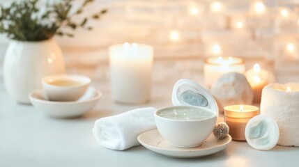 Aesthetic home spa setup with face masks, candles, and herbal teas