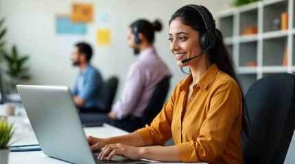 call center customer support and an indian beautiful woman with a headset in her office for help,customer girl calling, indian customer woman calling.