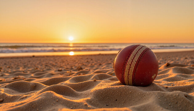 Weathered cricket ball resting on sandy beach at sunset, nostalgia