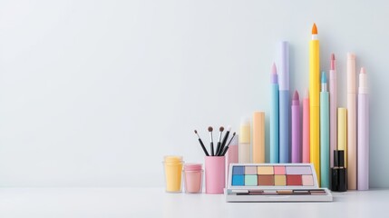 Vibrant Art Supplies on a Table with Soft Pastel Background