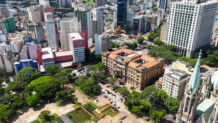Aerial view of the historic Sé region in downtown São Paulo, featuring colonial architecture and...