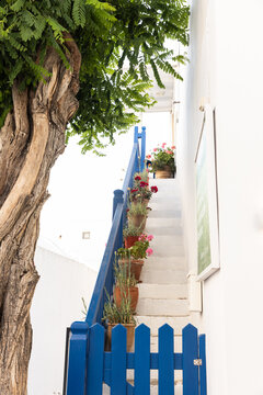 Flower-lined white staircase with blue railing in charming Mykonos, Greece. 