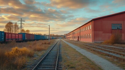 Fototapeta premium Sunset Train Tracks Industrial Facility