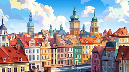 Fototapeta premium Illustration, Cityscape of Poznan in Poland , touristic advertisement poster. Beautiful old historical houses in the city centre. Touristic must-see city eastern Europe. Beautiful travel destination