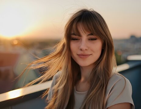 a young woman with long, light brown hair and bangs, standing outdoors during sunset. GENERATIVE IA - Powered by Adobe
