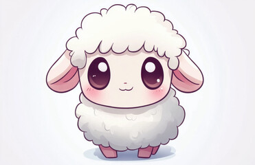 Naklejka premium Charming chibi drawing features a small sheep with fluffy white wool, large expressive eyes, and a delightful smile, radiating cuteness